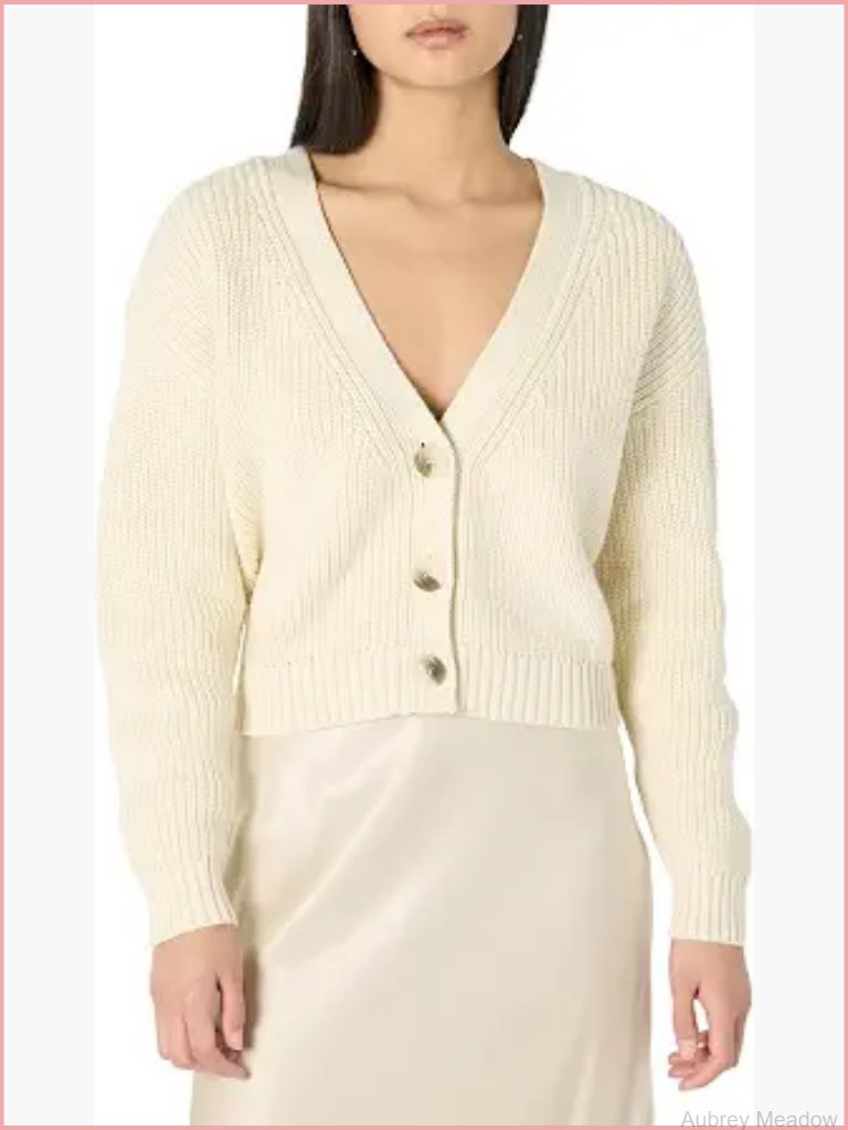 Cropped Button-Front Cardigan Loose Fit Long Sleeve Notch Neck
